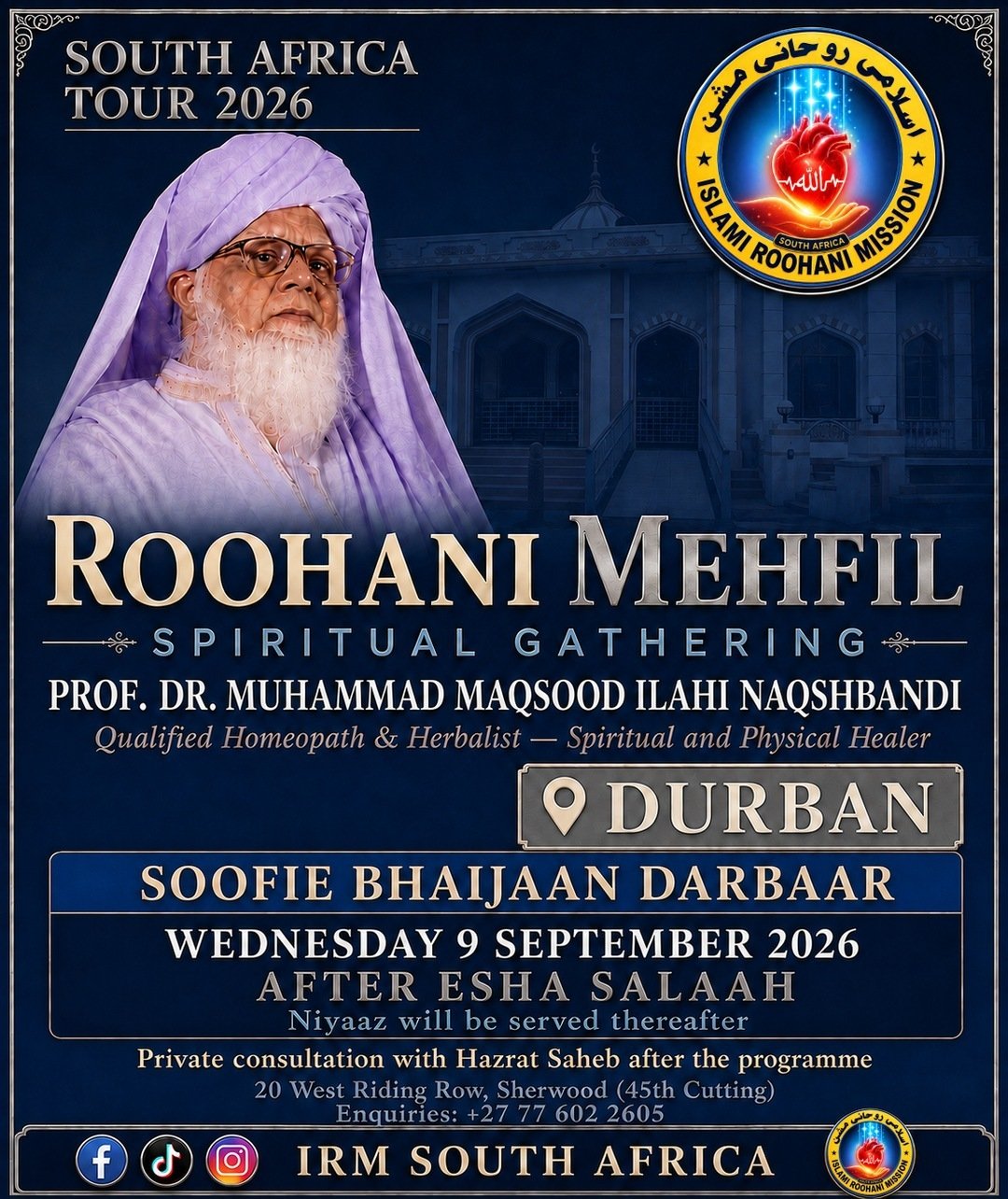 ROOHANI MEHFIL at SOOFIE BHAIJAAN DARBAAR, DURBAN — Wednesday 9 September 2026