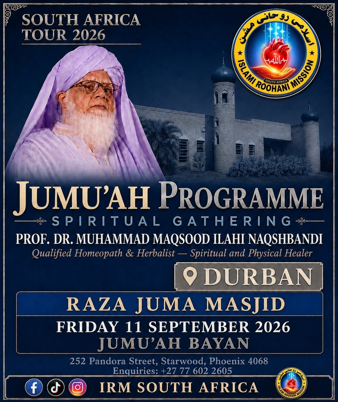 JUMU'AH PROGRAMME at RAZA JUMA MASJID, DURBAN — Friday 11 September 2026