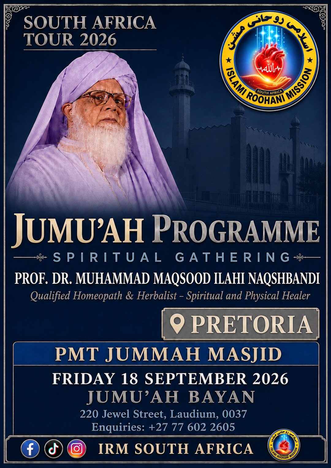 JUMU'AH PROGRAMME at PMT JUMMAH MASJID, PRETORIA — Friday 18 September 2026